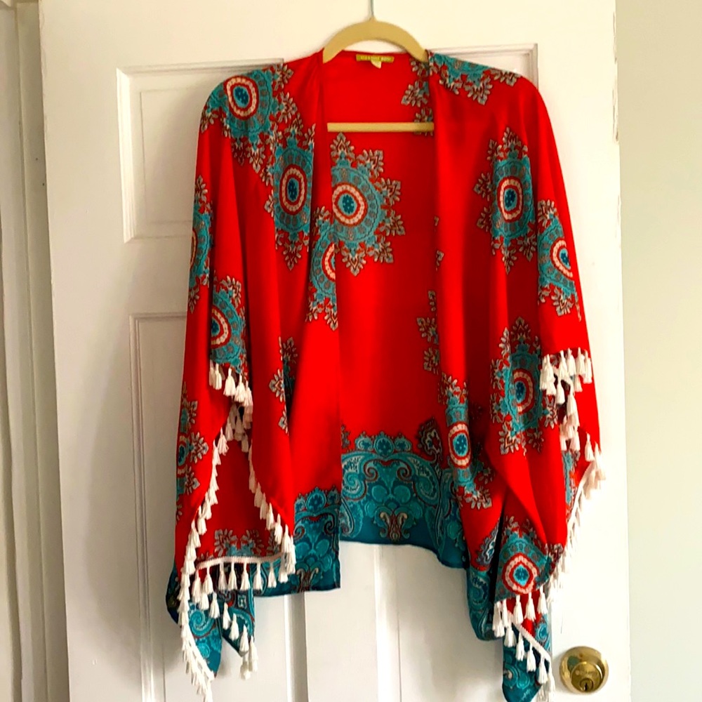 Bright red/coral kimono xs with teal pattern